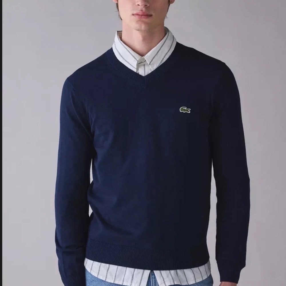Lacoste V-Neck Sweater Mens Large Navy Blue Cotton Classic Fit Preppy Timeless